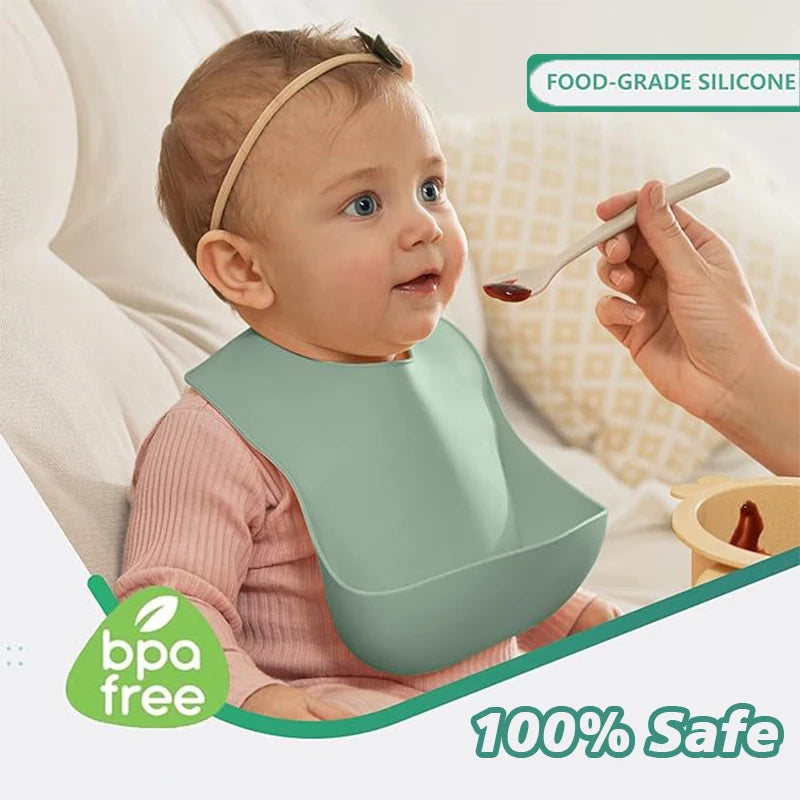 Bavoir en silicone imperméable et souple pour bébé, réglable sur 4 positions, idéal pour les nouveau-nés. Isole les aliments, protège de la saleté et de la salive.