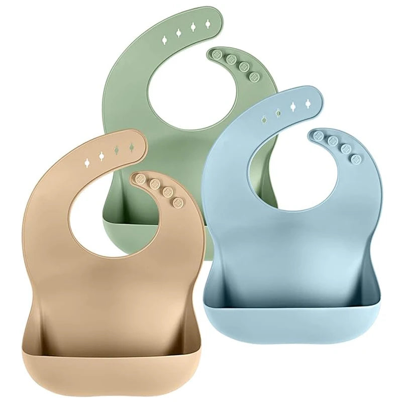 Bavoir en silicone imperméable et souple pour bébé, réglable sur 4 positions, idéal pour les nouveau-nés. Isole les aliments, protège de la saleté et de la salive.