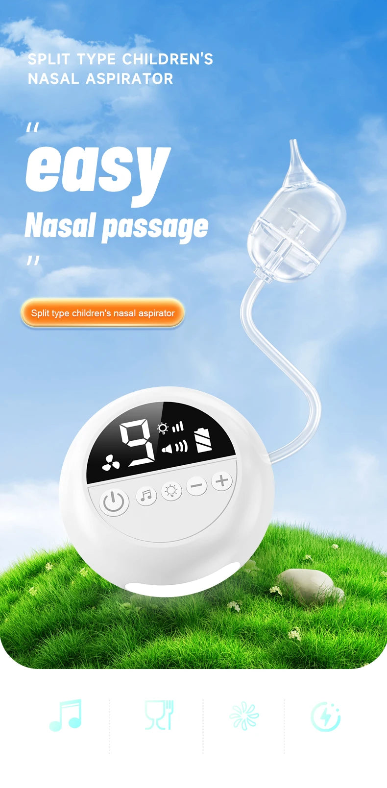 Aspirateur nasal électrique pour bébé, nettoyeur de nez avec musique et veilleuse intégrées, aspirateur nasal rechargeable pour bébés-Baby Nasal Aspirator Electric Nose Cleaner with Built-In Music & Night Light Rechargeable Nose Booger Sucker for Babies