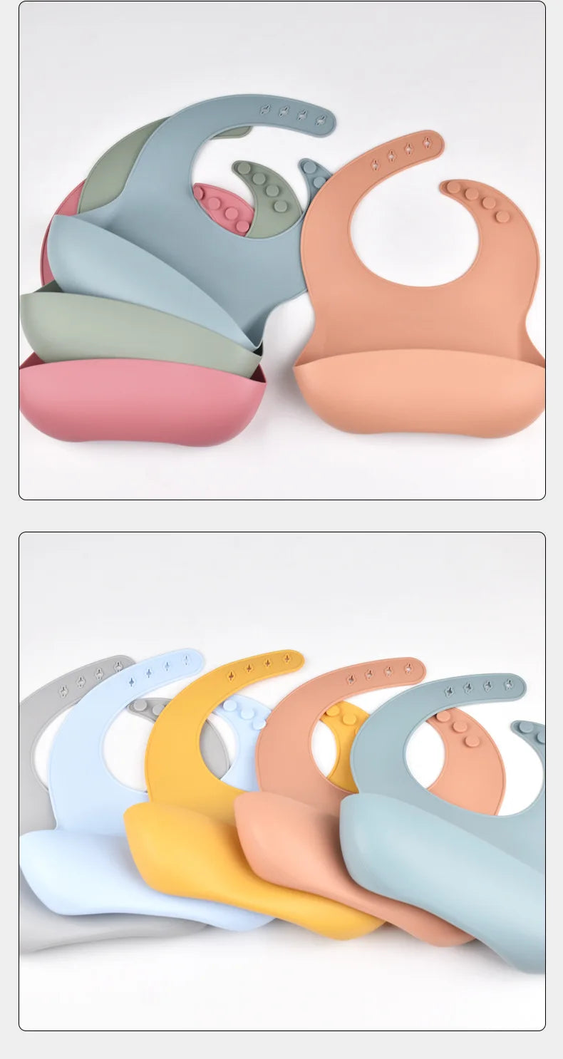 Bavoir en silicone imperméable et souple pour bébé, réglable sur 4 positions, idéal pour les nouveau-nés. Isole les aliments, protège de la saleté et de la salive.