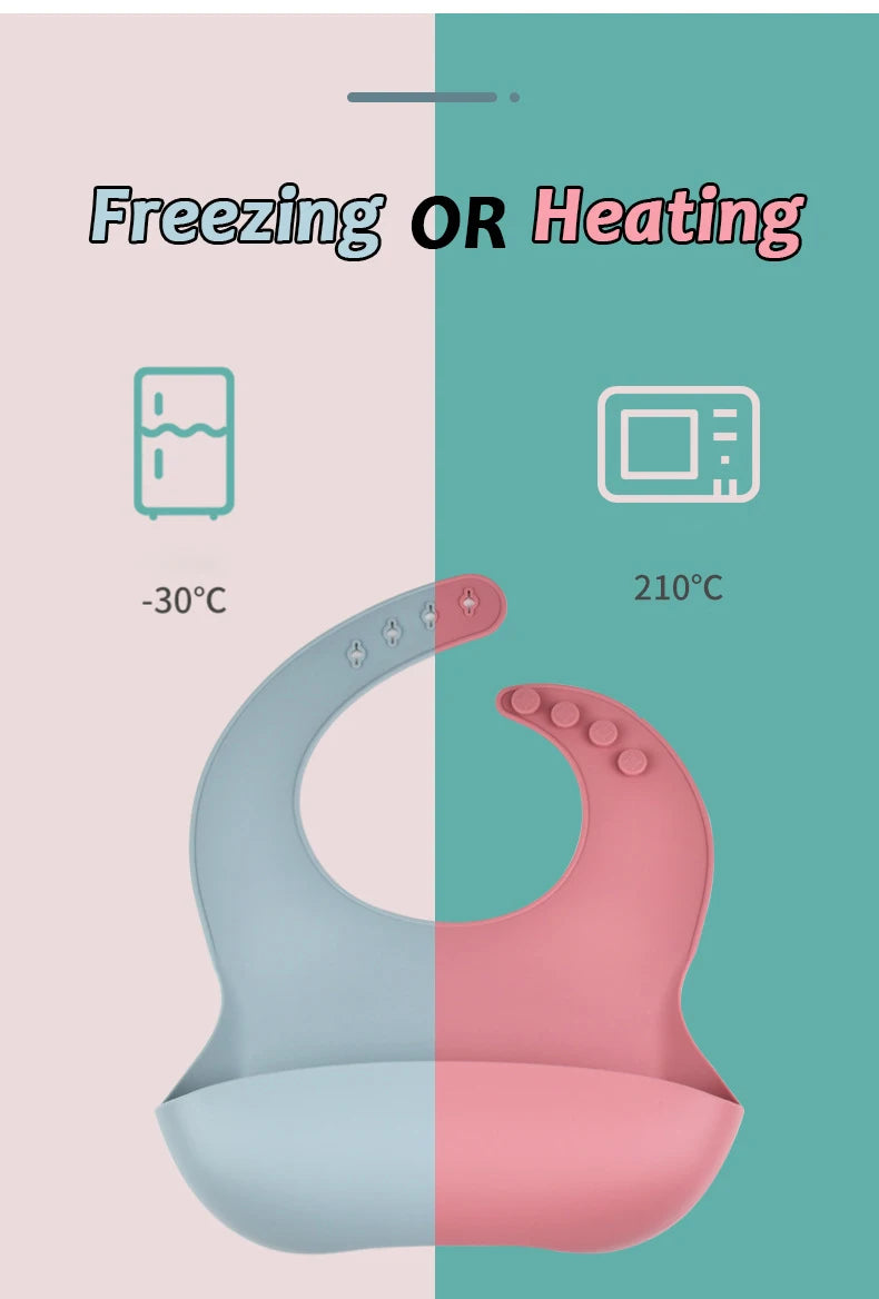 Bavoir en silicone imperméable et souple pour bébé, réglable sur 4 positions, idéal pour les nouveau-nés. Isole les aliments, protège de la saleté et de la salive.