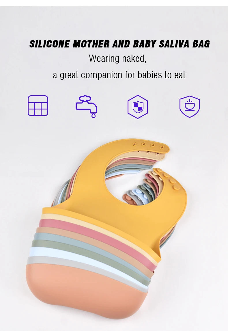 Bavoir en silicone imperméable et souple pour bébé, réglable sur 4 positions, idéal pour les nouveau-nés. Isole les aliments, protège de la saleté et de la salive.