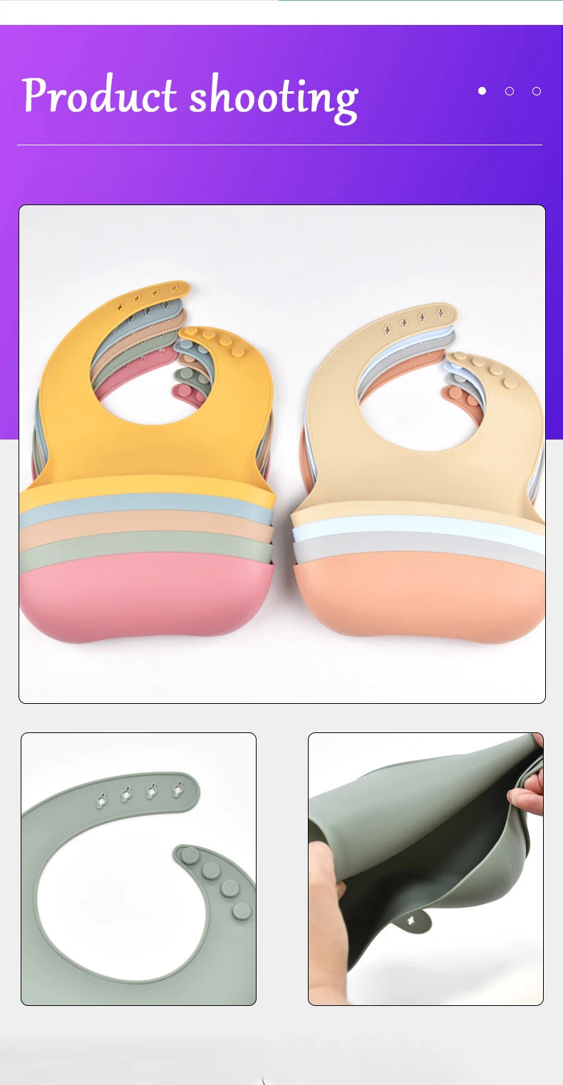 Bavoir en silicone imperméable et souple pour bébé, réglable sur 4 positions, idéal pour les nouveau-nés. Isole les aliments, protège de la saleté et de la salive.