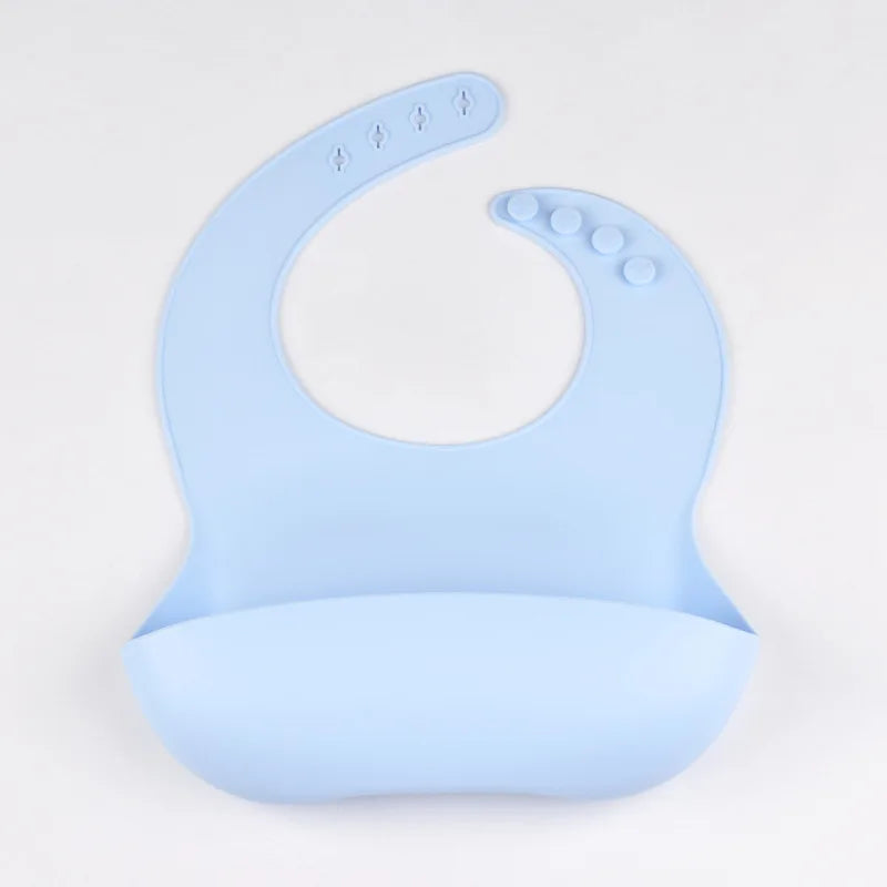 Bavoir en silicone imperméable et souple pour bébé, réglable sur 4 positions, idéal pour les nouveau-nés. Isole les aliments, protège de la saleté et de la salive.