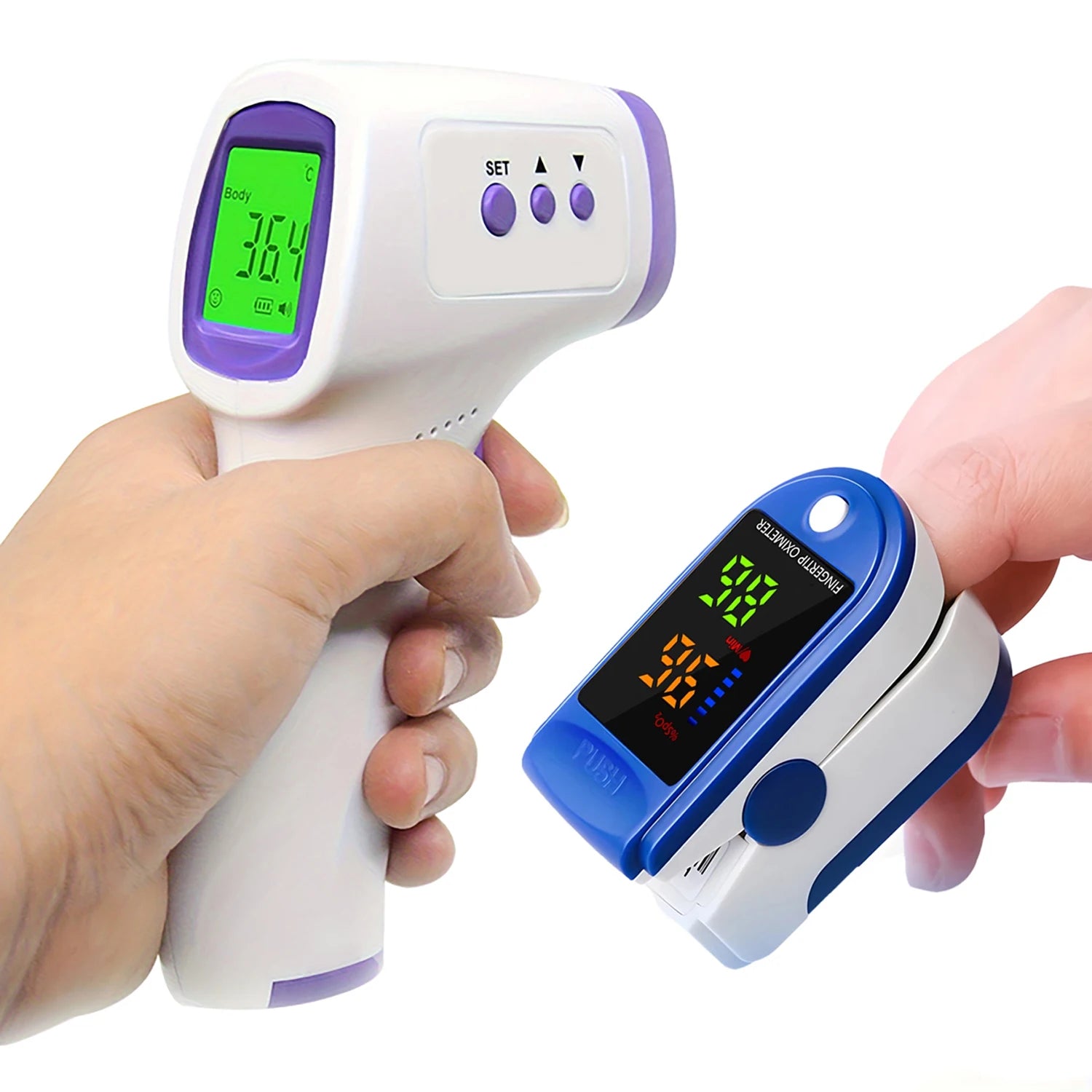 Thermomètre corporel médical rétroéclairé sans contact, et/ou mini oxymètre de doigt, outil de mesure de l'oxygène sanguin.Medical Body Thermometer Backlit Non-Contact Digital Fever Thermometer Measure Tool OR Mini Fingertip Oximeter Blood Oxygen Tool