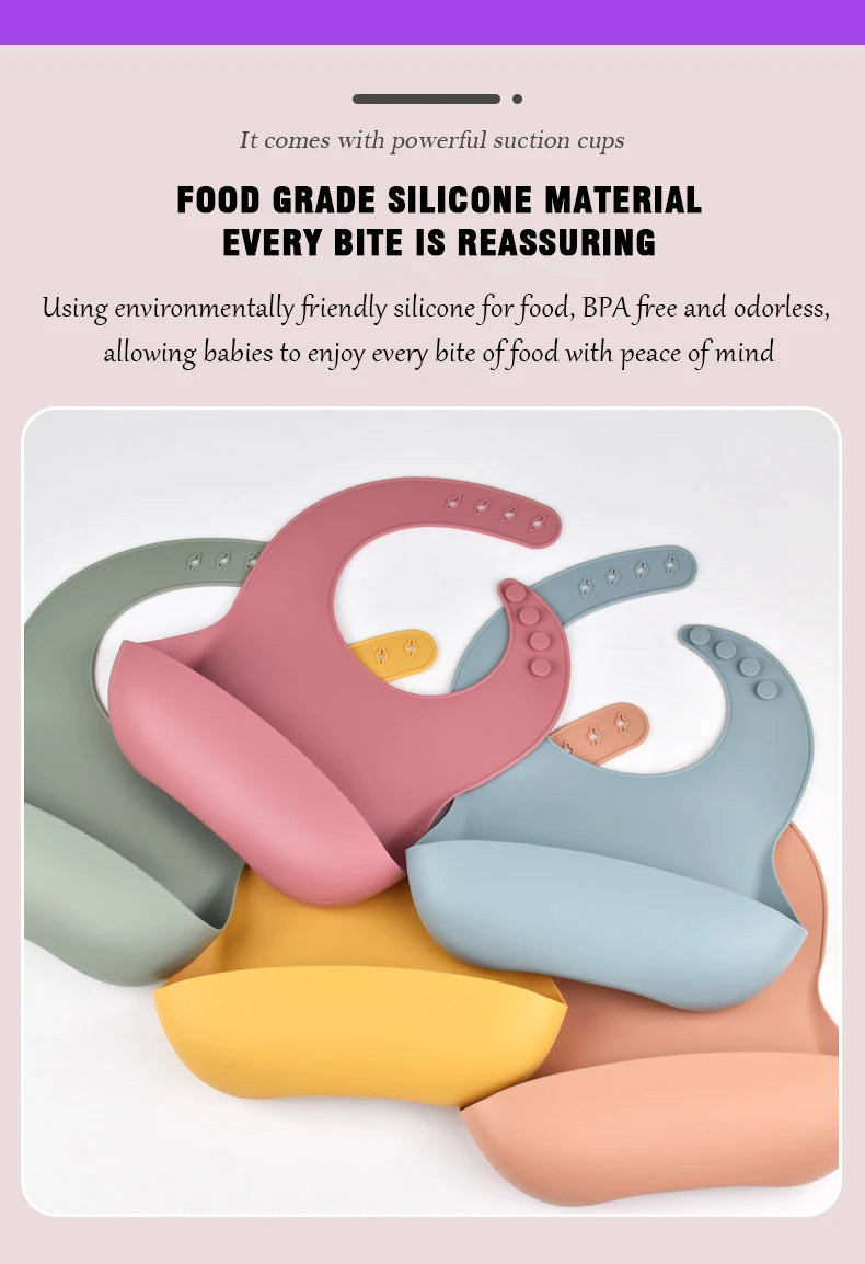 Bavoir en silicone imperméable et souple pour bébé, réglable sur 4 positions, idéal pour les nouveau-nés. Isole les aliments, protège de la saleté et de la salive.