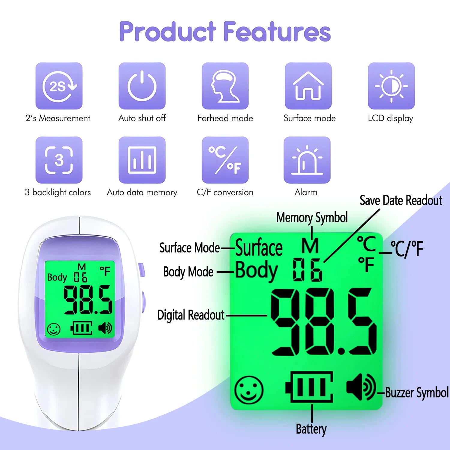 Thermomètre corporel médical rétroéclairé sans contact, et/ou mini oxymètre de doigt, outil de mesure de l'oxygène sanguin.Medical Body Thermometer Backlit Non-Contact Digital Fever Thermometer Measure Tool OR Mini Fingertip Oximeter Blood Oxygen Tool