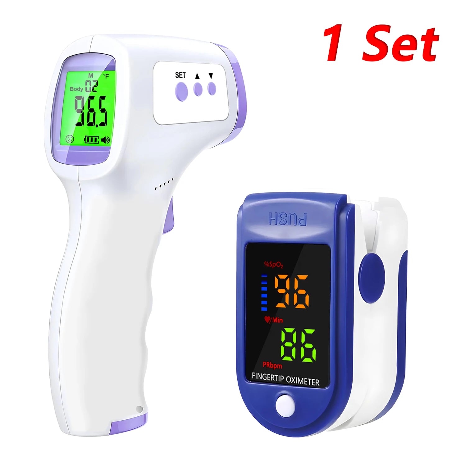 Thermomètre corporel médical rétroéclairé sans contact, et/ou mini oxymètre de doigt, outil de mesure de l'oxygène sanguin.Medical Body Thermometer Backlit Non-Contact Digital Fever Thermometer Measure Tool OR Mini Fingertip Oximeter Blood Oxygen Tool