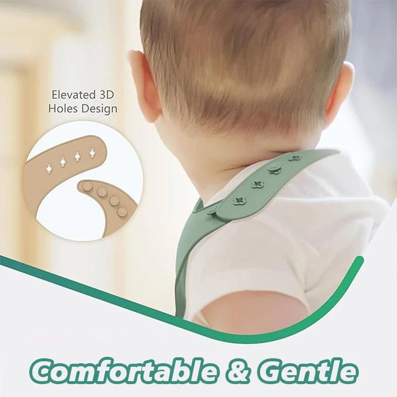 Bavoir en silicone imperméable et souple pour bébé, réglable sur 4 positions, idéal pour les nouveau-nés. Isole les aliments, protège de la saleté et de la salive.