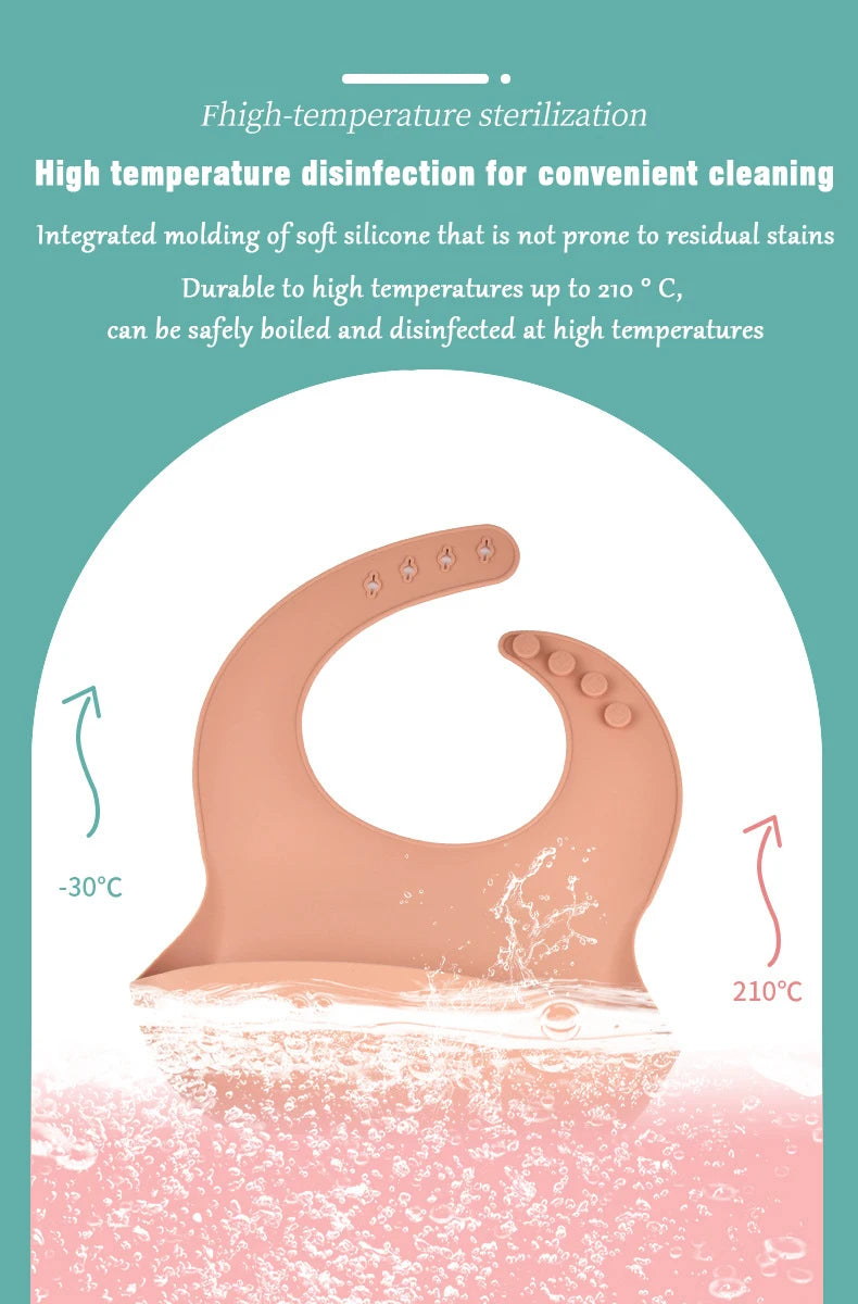 Bavoir en silicone imperméable et souple pour bébé, réglable sur 4 positions, idéal pour les nouveau-nés. Isole les aliments, protège de la saleté et de la salive.